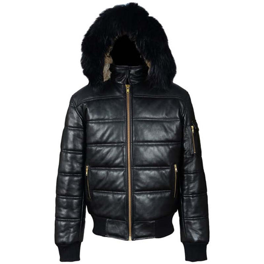 Ash Black Hooded Puffer Leather Jacket With Fur Trim