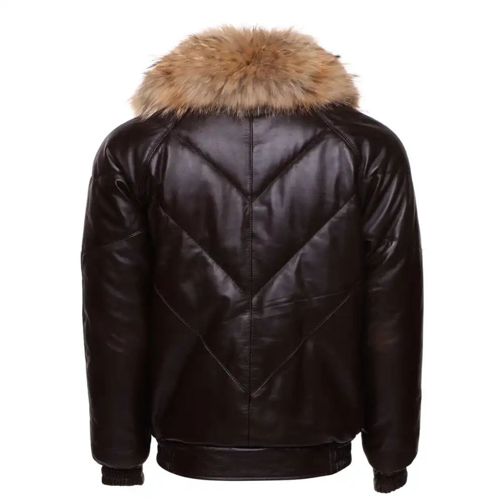 Back view of the brown leather V-Bomber showing the insulated quilted segments and the broad fur collar draped over the shoulders.