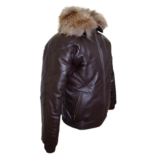 Side view of the V-Bomber jacket in rich brown leather, featuring a classic puffer silhouette and a plush, oversized fur collar.