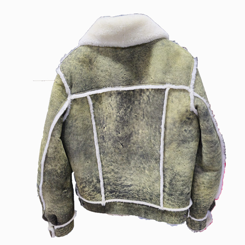 Hudson's Distressed Green Trucker Shearling Jacket