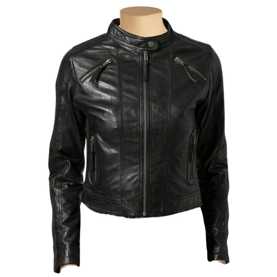 Women’s cropped leather jacket in black with a cafe racer style and a sleek band collar, front view.