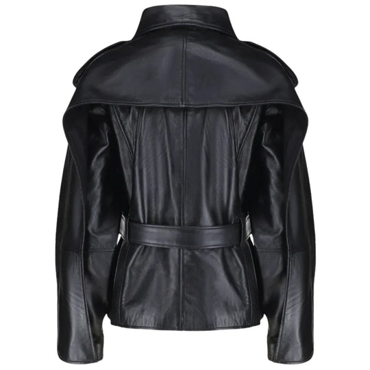 Back view of the Zelora black leather jacket showing the relaxed, oversized fit and clean panel stitching across the shoulders.