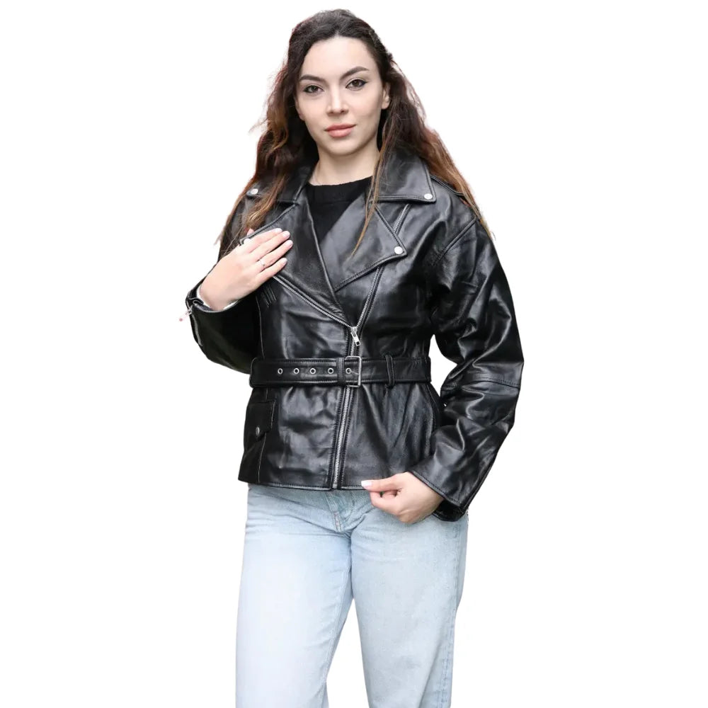 A model wearing the Zelora oversized leather biker jacket draped over the shoulders for a high-fashion, streetwear look.