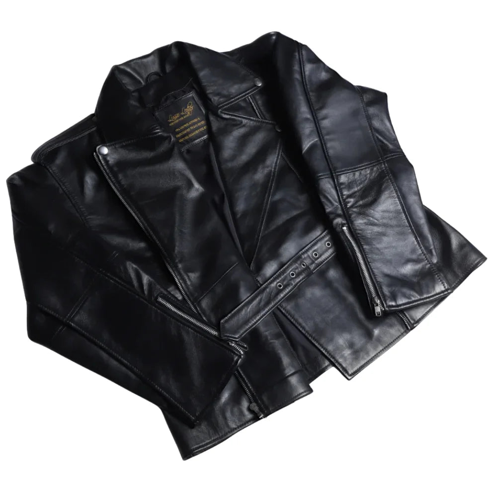 Side view of the Zelora jacket highlighting the drop-shoulder design and adjustable buckled belt at the hem.