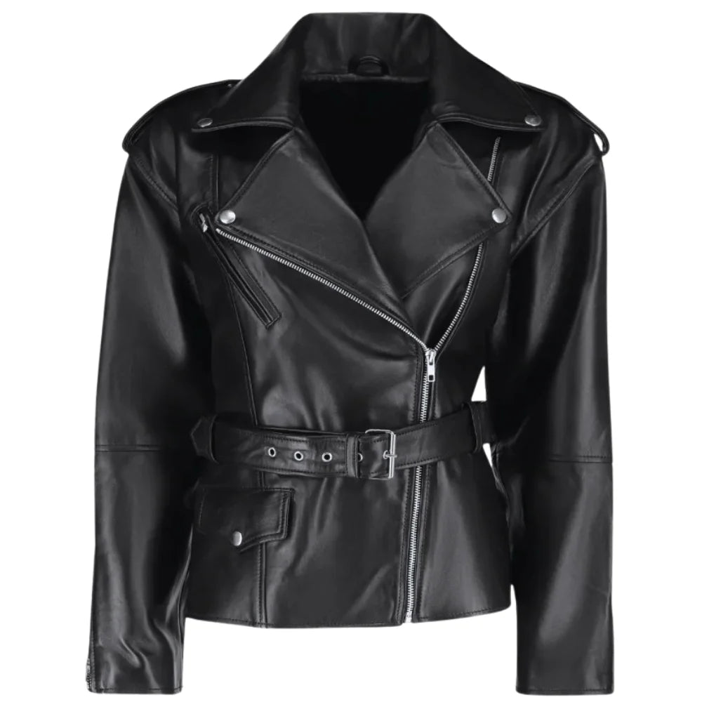 Front view of the Zelora oversized black leather biker jacket featuring wide notched lapels, silver asymmetric zippers, and a belted waist.