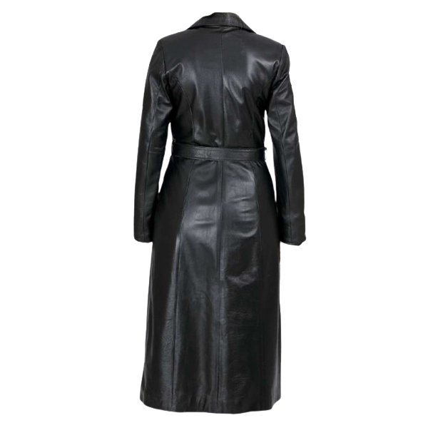 Zoe black buttoned long leather coat with belt