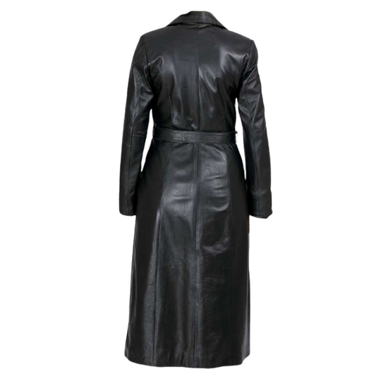 Zoe black buttoned long leather coat with belt