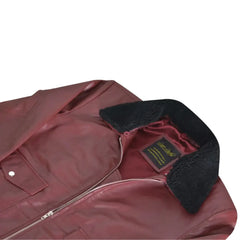 Close-up detail of the shirt collar neckline of Justin's Burgundy A2 Bomber leather jacket, emphasizing the classic style and premium lambskin leather.