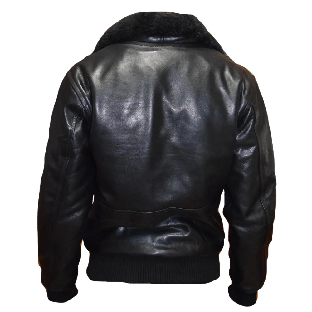 Back view of the black A2 Bomber Aviator leather jacket showing the seamless leather construction and elasticated waistband.