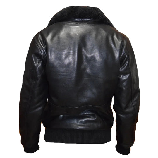 Back view of the black A2 Bomber Aviator leather jacket showing the seamless leather construction and elasticated waistband.