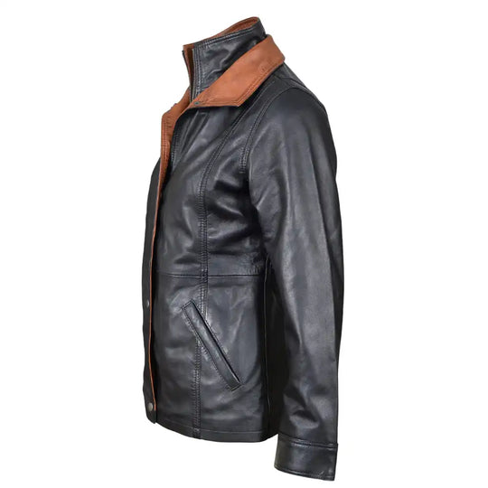 Side view of the Adeline black leather car coat on a mannequin, featuring a classic shirt-style collar and button closure.