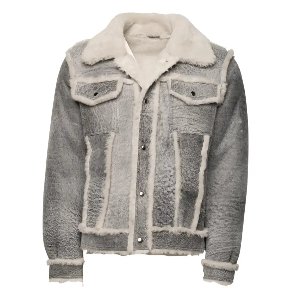 Front view of Aiden's Distressed Grey Shearling Trucker Jacket, emphasizing the shearling collar, front button closure, and side pockets. The jacket’s distressed grey finish is contrasted with the soft white faux fur lining along the seams and collar.
