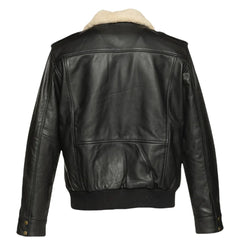 Back view of the Alaric black aviator bomber jacket, displaying its premium leather finish and stylish cut.