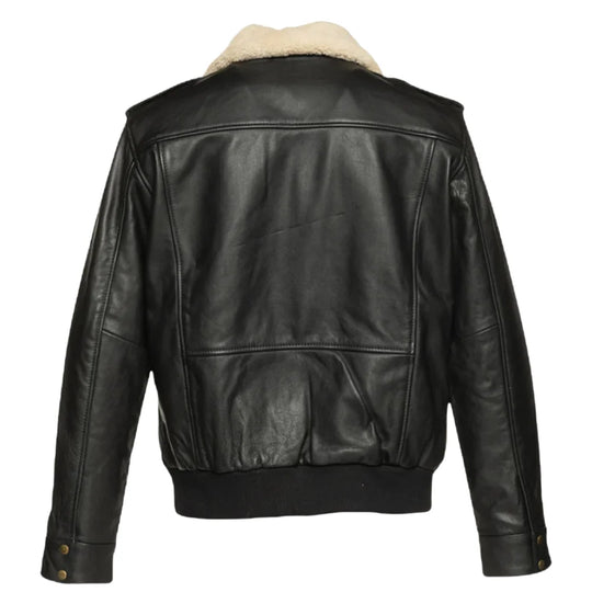 Back view of the Alaric black aviator bomber jacket, displaying its premium leather finish and stylish cut.