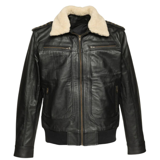 Alaric black leather bomber jacket featuring a soft shearling collar, front view with a zip closure and multiple pockets.