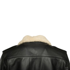 Back detailed view of Black leather jacket with beige fur collar on a white background