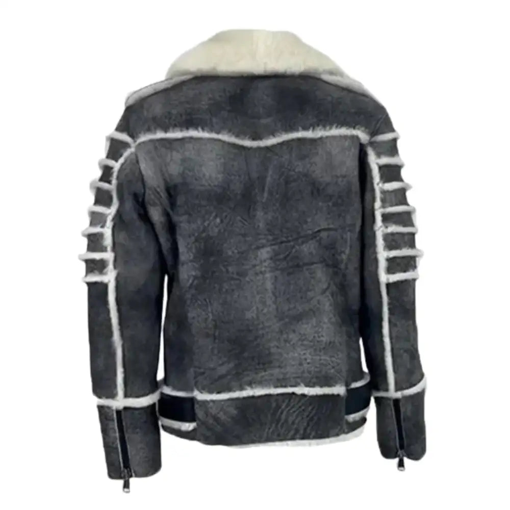 Back view of Albert Distressed Grey Shearling Leather Biker Jacket with clean leather panels