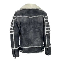 Back view of Albert Distressed Grey Shearling Leather Biker Jacket with clean leather panels