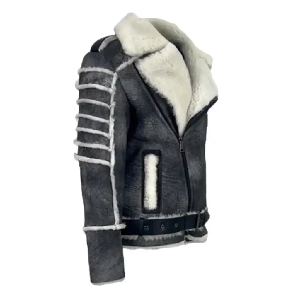Side view of Albert Distressed Grey Shearling Leather Biker Jacket showing tailored biker cut