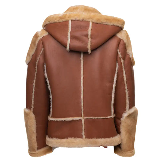 Back view of Alek's Biker Shearling Jacket showcasing the fur-lined collar and distressed leather for a vintage biker look.
