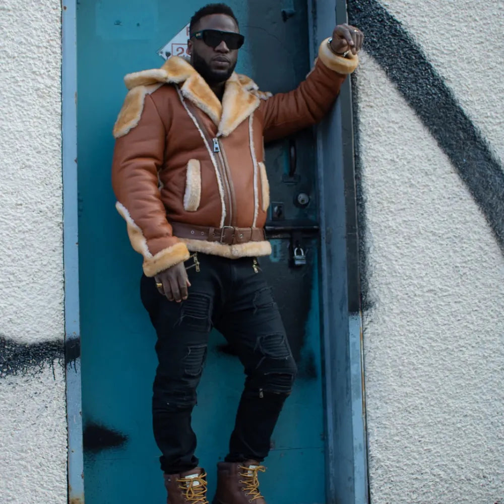 Model wearing Alek's Black Shearling Leather Biker Jacket styled casually