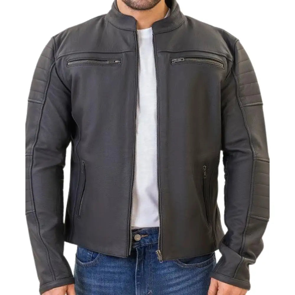 A model wearing the Alexander matte leather cafe racer, showcasing its versatile transition from a technical riding jacket to a high-end fashion piece.