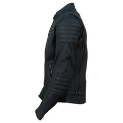 Side view of the Alexander leather jacket showing the clean, seamless construction and a tailored fit that emphasizes a sharp silhouette.