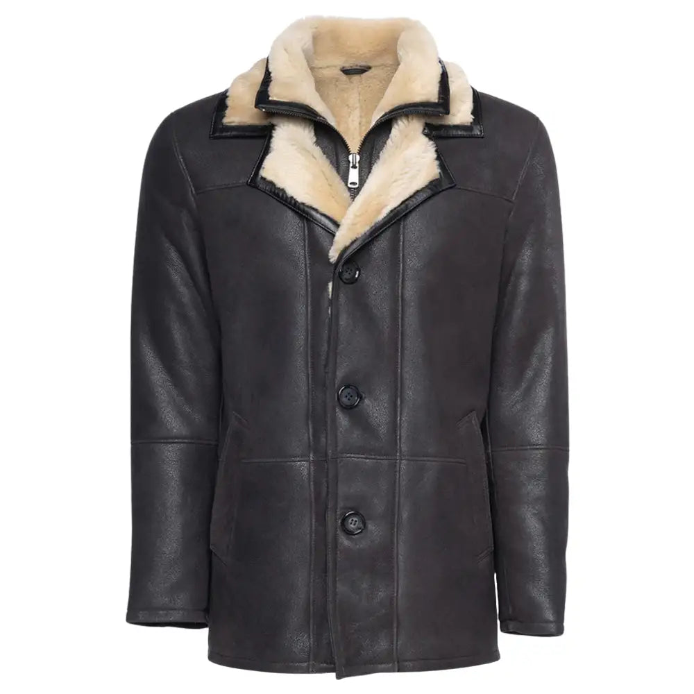 Alex's Brown Shearling Driving Coat front view brown shearling driving coat