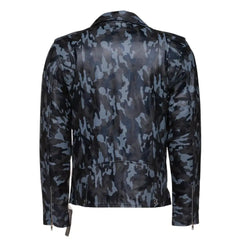Back view of Aman Dowling's Blue Camouflage Leather Biker Jacket highlighting camouflage design