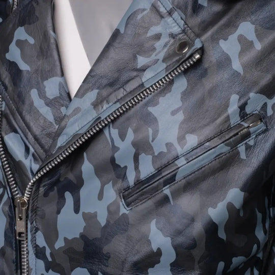 Closeup of collar and zipper detail on Aman Dowling's Blue Camouflage Leather Biker Jacket