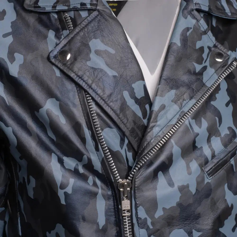 Detailed view of blue camouflage pattern on Aman Dowling's Blue Camouflage Leather Biker Jacket