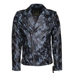 Aman Dowling's Blue Camouflage Leather Biker Jacket front profile showing camo pattern