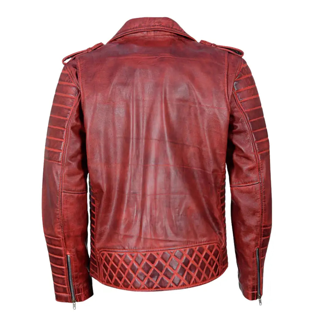 Rear profile of Antique Red Quilted Leather Biker Jacket showing structured biker fit