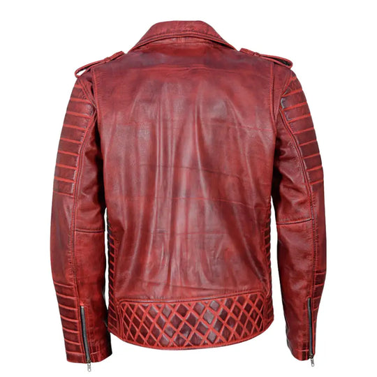 Rear profile of Antique Red Quilted Leather Biker Jacket showing structured biker fit