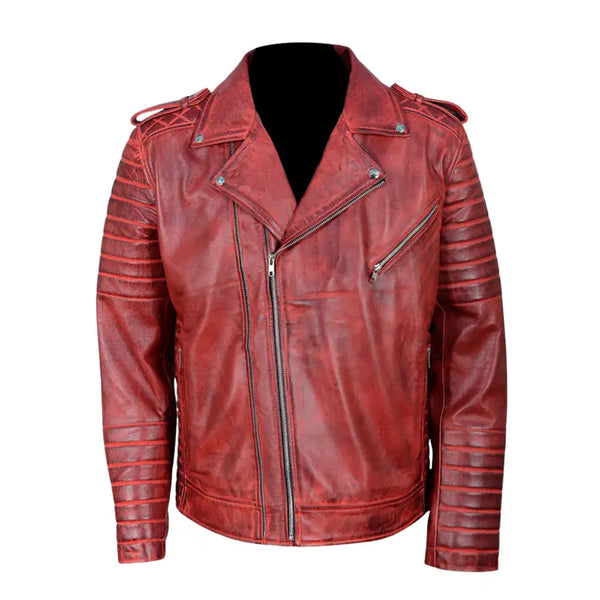Antique Red Quilted Leather Biker Jacket