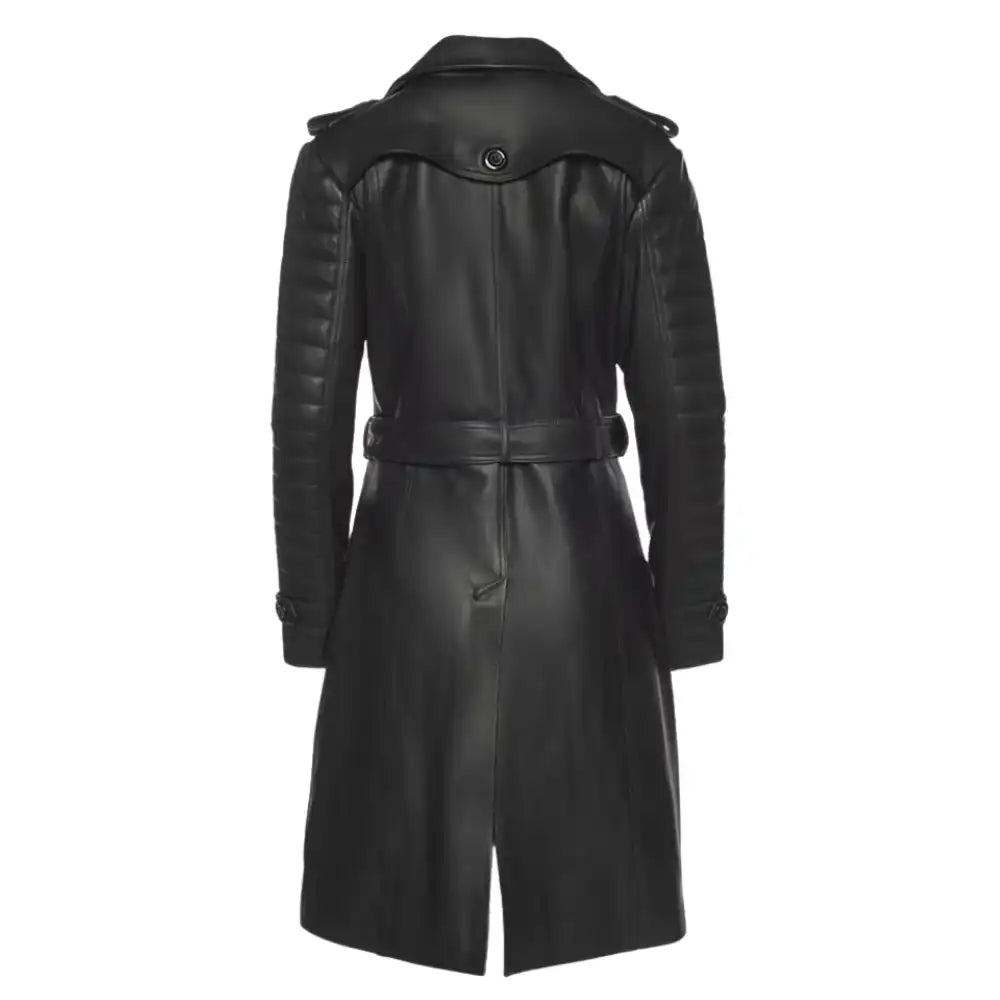 Back view of the Ariana black leather trench coat on a mannequin, featuring a belted waist, buttoned styled shoulder back and classic lapel collar.