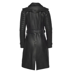 Back view of the Ariana black leather trench coat on a mannequin, featuring a belted waist, buttoned styled shoulder back and classic lapel collar.