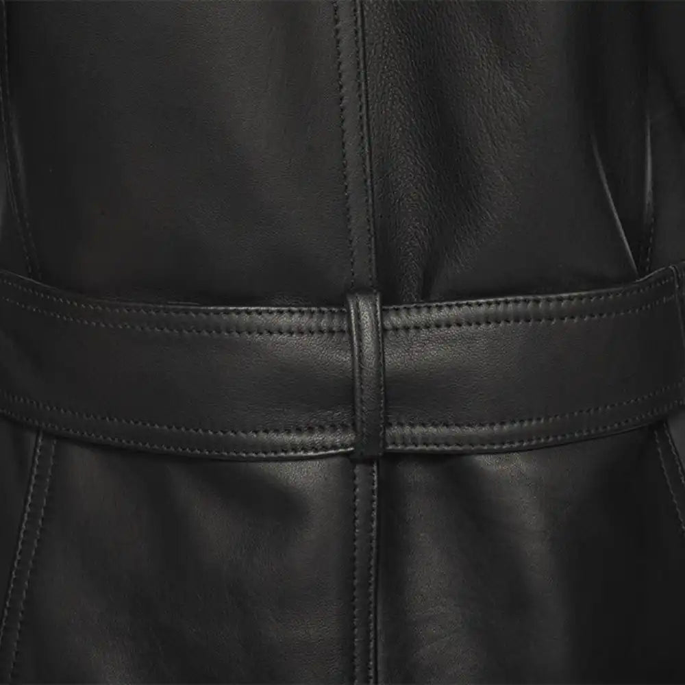 Close-up of a belt Ariana black leather trench coat with belt