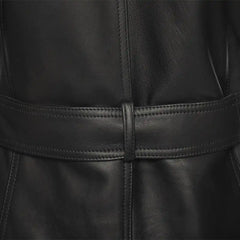 Close-up of a belt Ariana black leather trench coat with belt