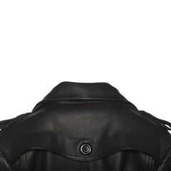 Close-up of back of a black leather trench coat showcasing a button styled closure on collar on a white background