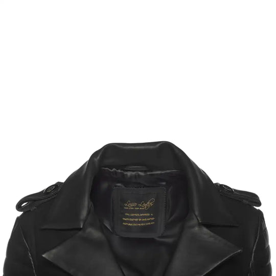 Detailed shot of collar of Black leather trench coat with a brand label on a white background