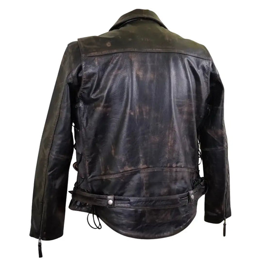 Back view of Arnold Schwarzenegger Terminator 2 distressed leather biker jacket