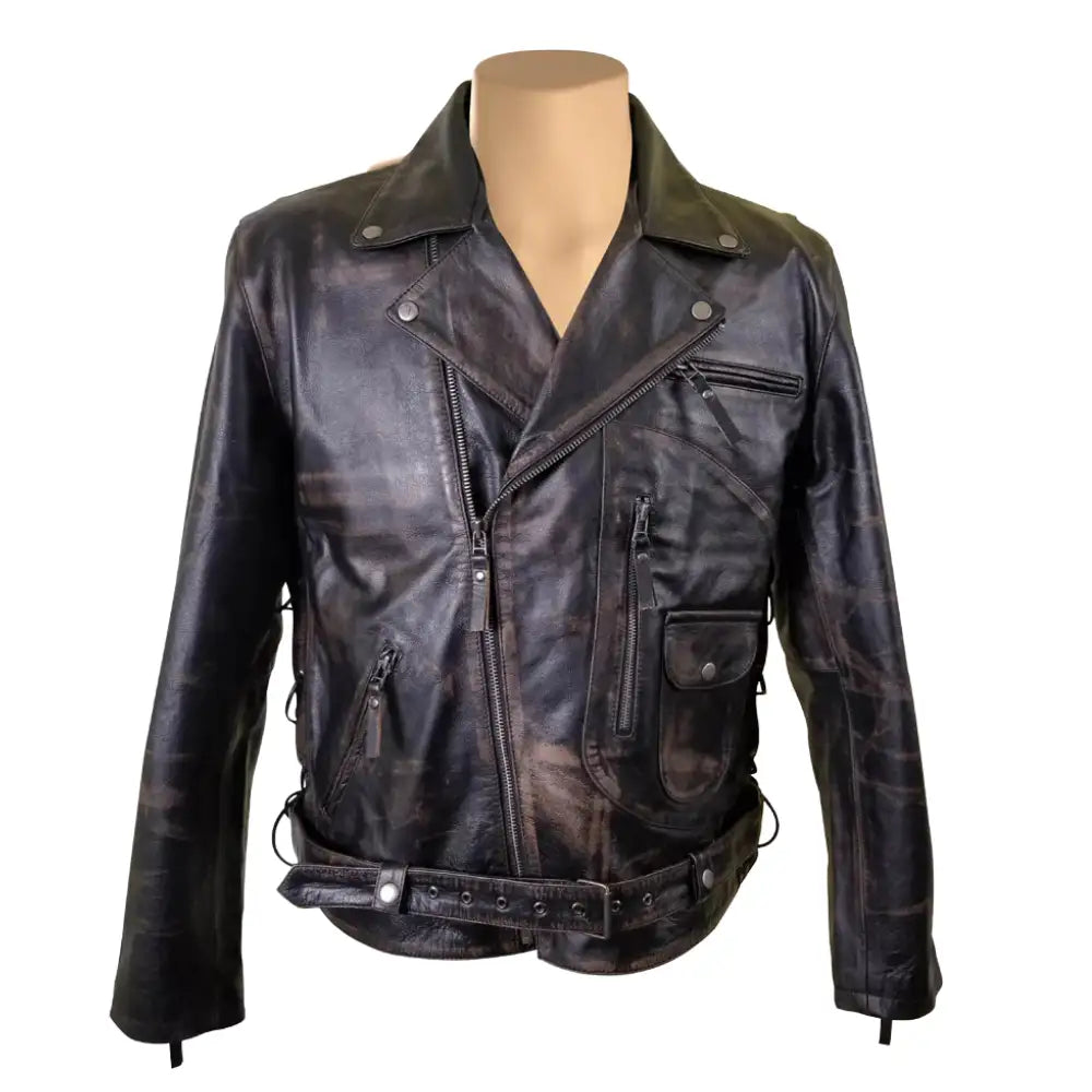 Arnold Schwarzenegger Terminator 2 distressed leather biker jacket shown from the front
