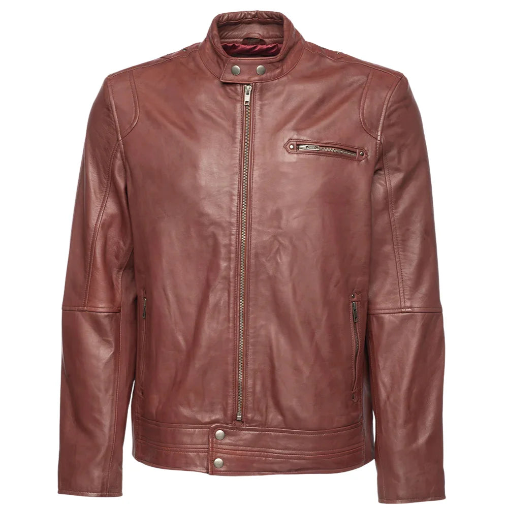 Front view of Arthur Burgundy Café Racer Leather Jacket with snap-button collar and chest zipper on a white background.