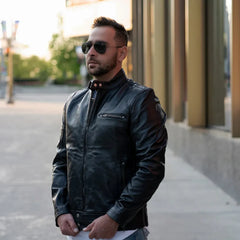 Model styling Arthur Classic Cafe Racer Leather Jacket minimalist cafe racer jacket look