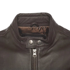 Arthur Vintage Brown Café Racer Leather Jacket close up band collar with snap