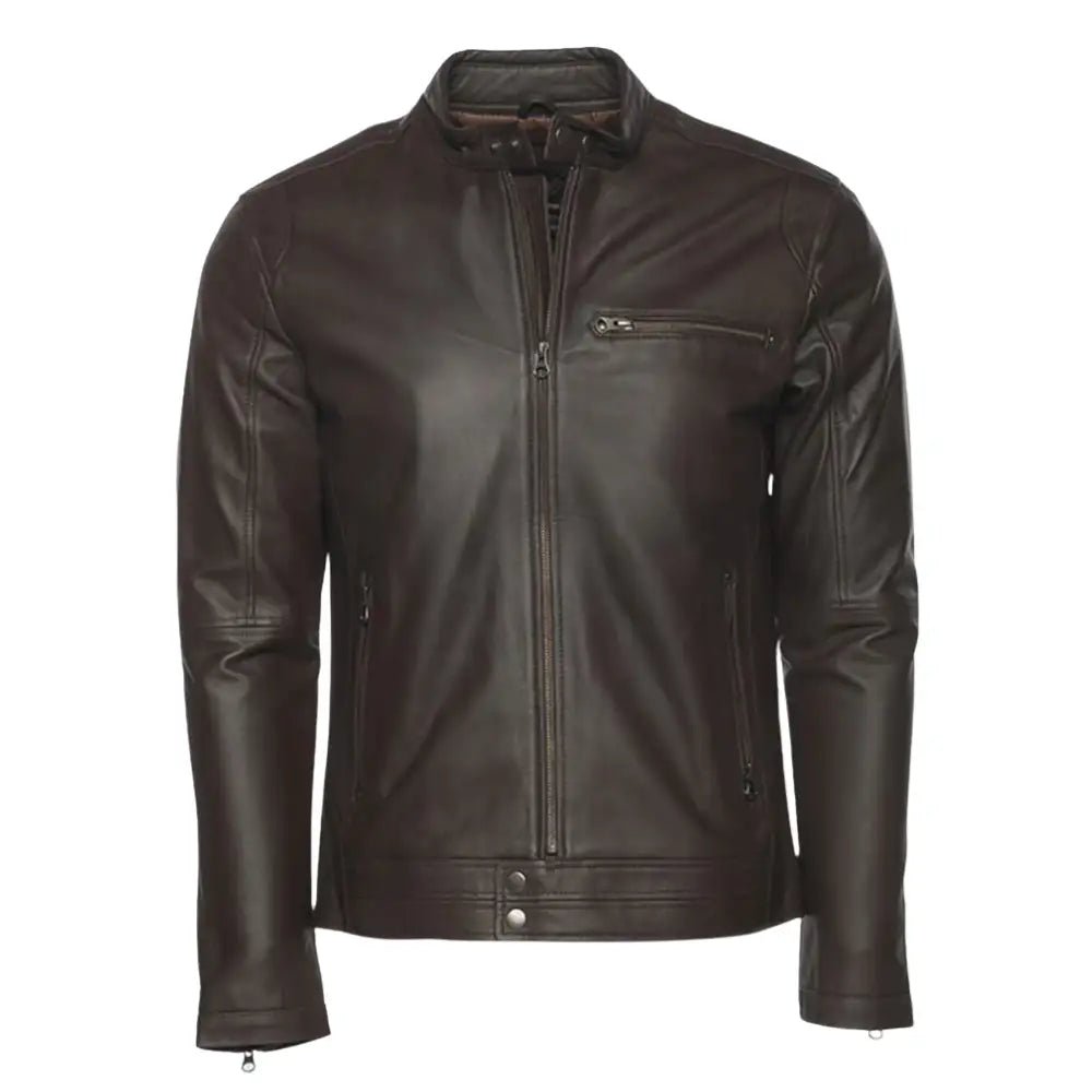 Arthur Vintage Brown Café Racer Leather Jacket front angle brown leather biker jacket cafe racer style