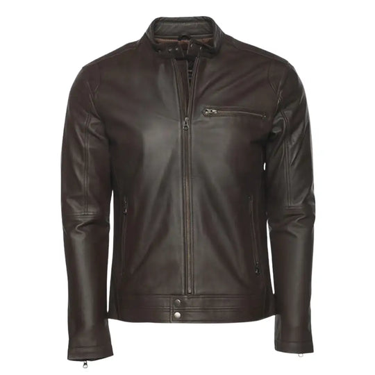 Arthur Vintage Brown Café Racer Leather Jacket front angle brown leather biker jacket cafe racer style