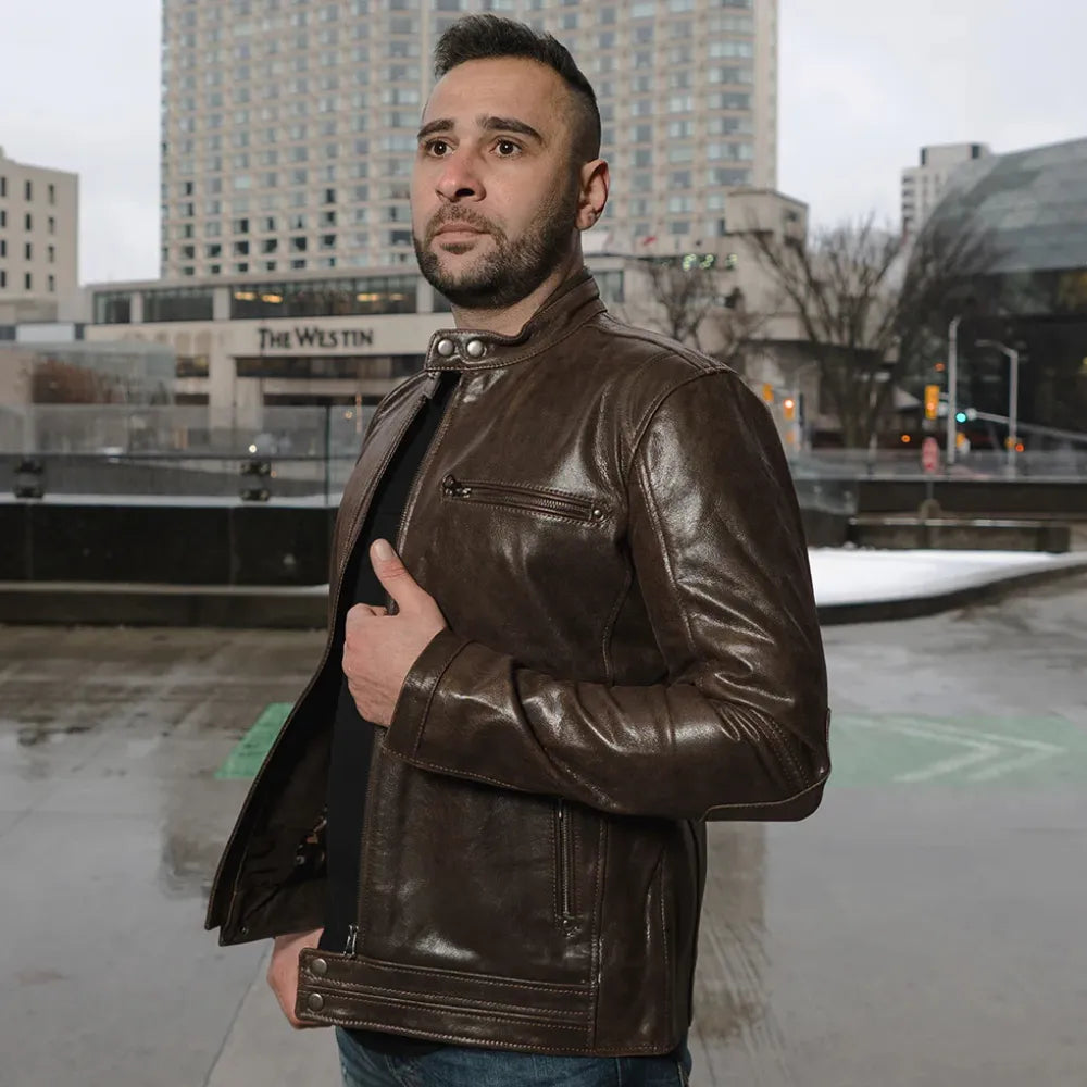 Model side view wearing Arthur Vintage Brown Café Racer Leather Jacket