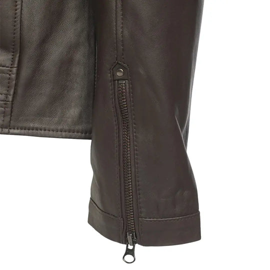 Arthur Vintage Brown Café Racer Leather Jacket close up sleeve leather texture
